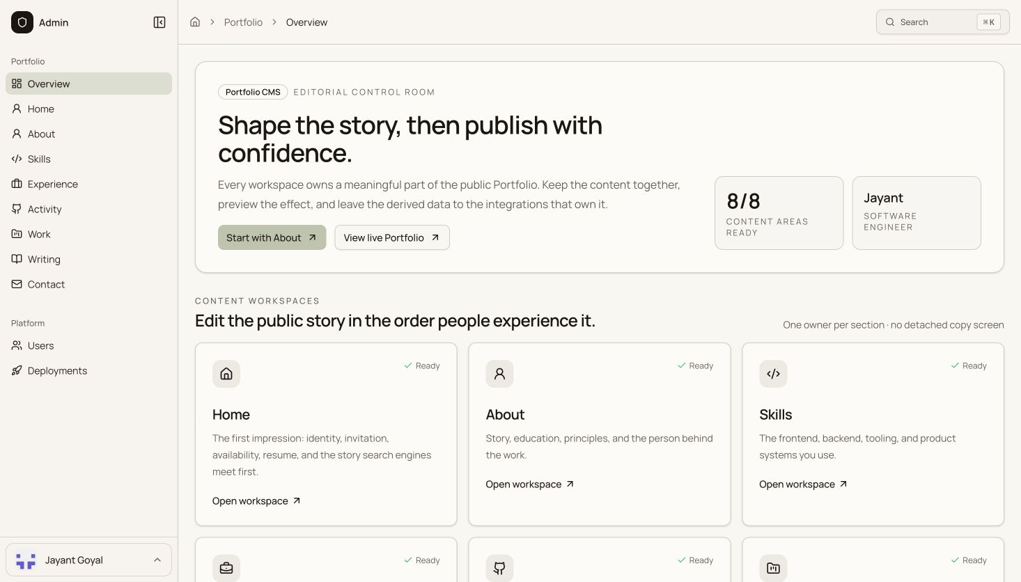 Private Admin CMS for Portfolio content and publishing operations.