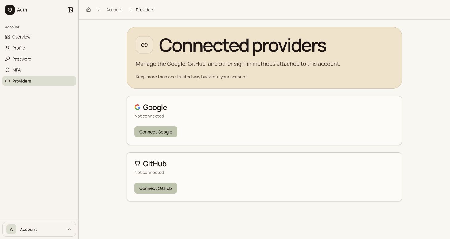 Auth account-security application showing authentication, MFA, and connected-provider controls. (2 of 2)