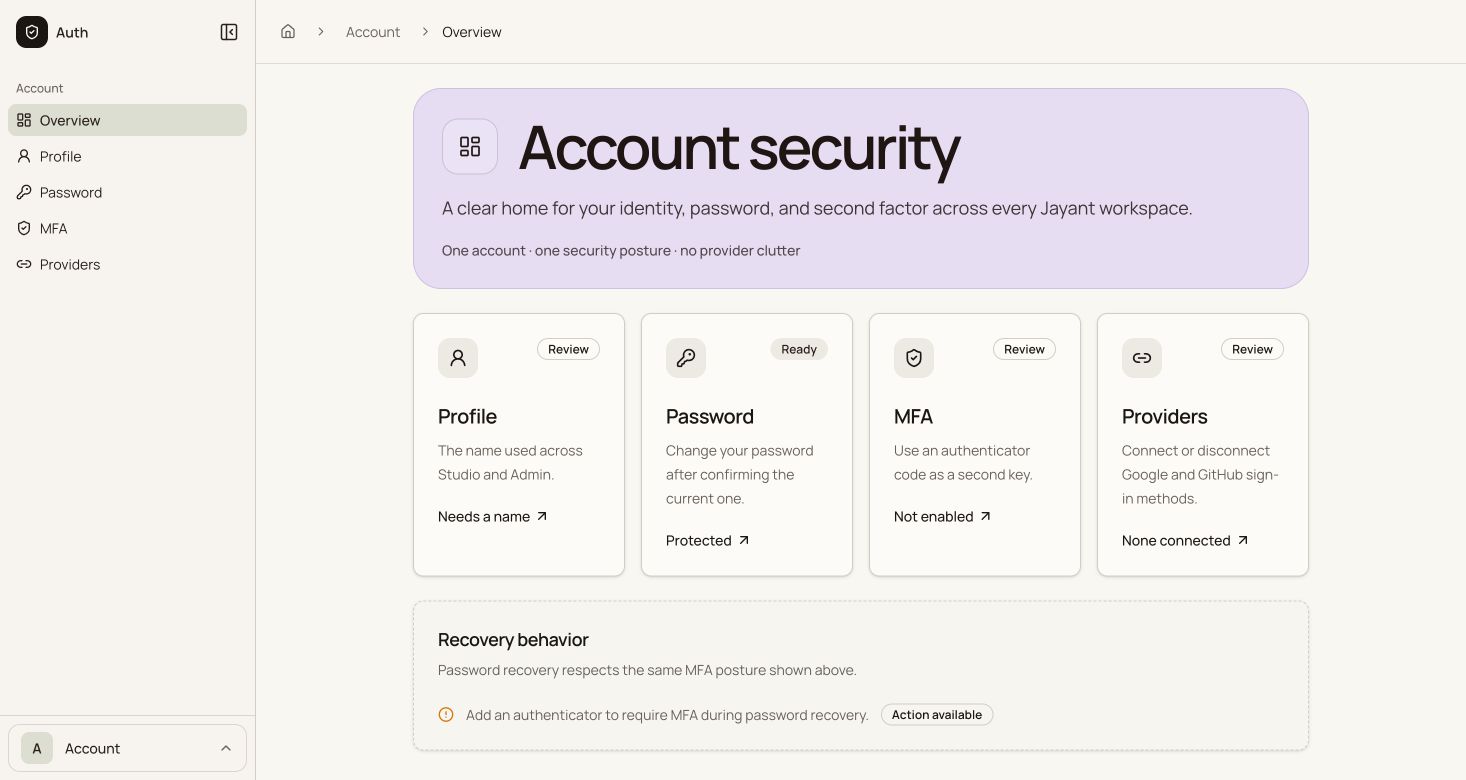 Auth account-security application showing authentication, MFA, and connected-provider controls. (1 of 2)