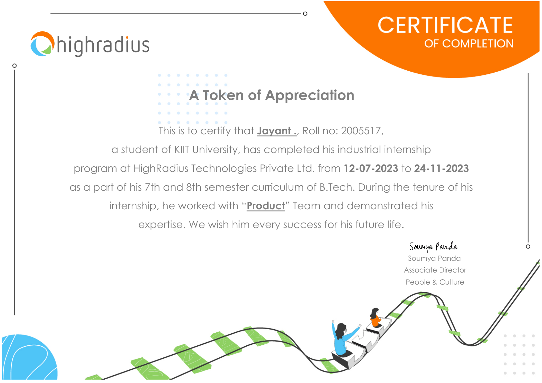 HighRadius internship appreciation certificate awarded to Jayant.