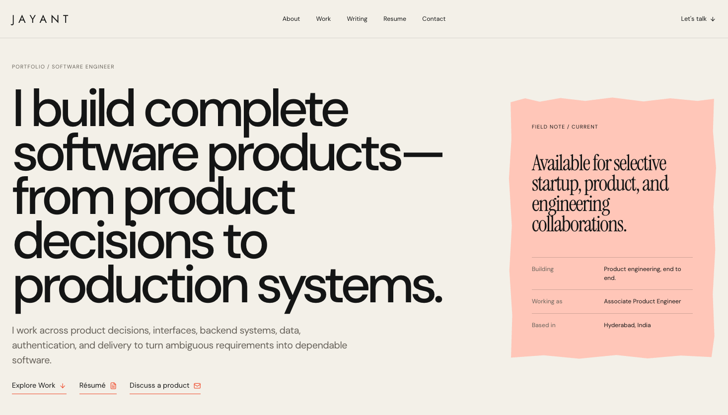 Jayant portfolio homepage showing the public product surface.